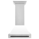 ZLINE Autograph Edition 30 in. Satin Stainless Steel Wall Mount Range Hood with White Matte Shell and Matte Black Handle (8654SNZ-WM30-MB) front.