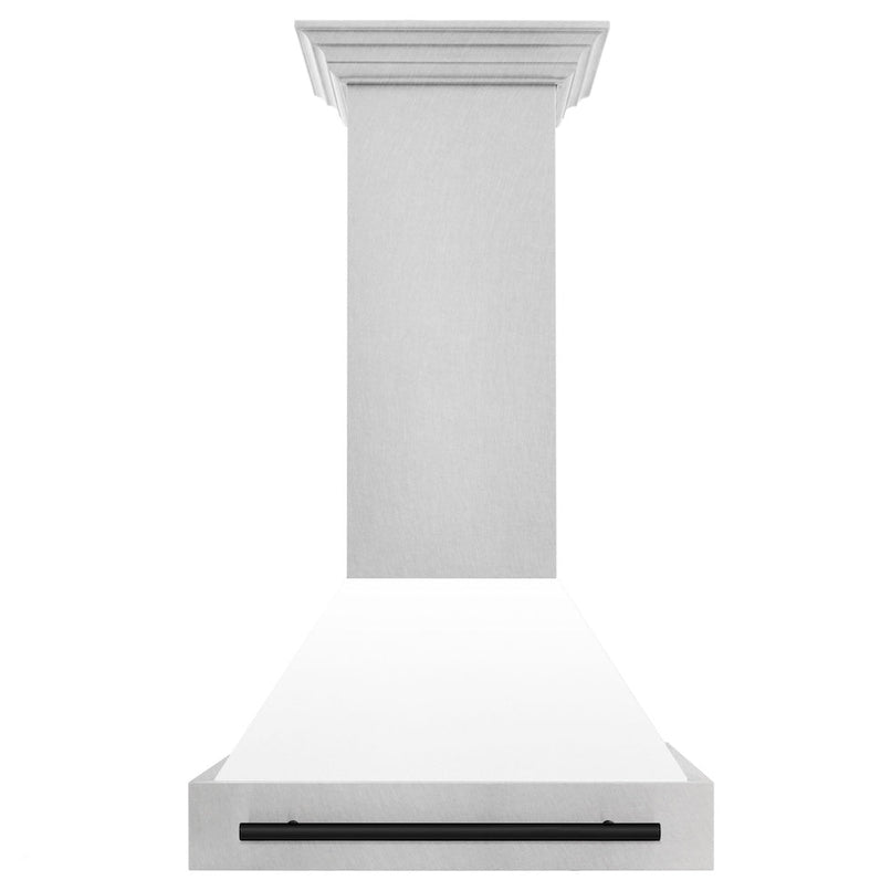 ZLINE Autograph Edition 30 in. Satin Stainless Steel Wall Mount Range Hood with White Matte Shell and Matte Black Handle (8654SNZ-WM30-MB) front.