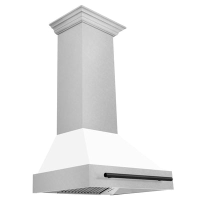 ZLINE Autograph Edition 30 in. Satin Stainless Steel Wall Mount Range Hood with White Matte Shell and Matte Black Handle (8654SNZ-WM30-MB)