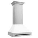 ZLINE Autograph Edition 30 in. Satin Stainless Steel Wall Mount Range Hood with White Matte Shell and Matte Black Handle (8654SNZ-WM30-MB) side.