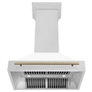 ZLINE Autograph Edition 36 in. Satin Stainless Steel Wall Mount Range Hood with White Matte Shell and Champagne Bronze Handle (8654SNZ-WM36-CB) front, under.