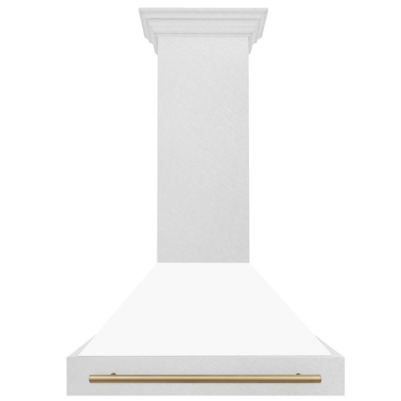ZLINE Autograph Edition 36 in. Satin Stainless Steel Wall Mount Range Hood with White Matte Shell and Champagne Bronze Handle (8654SNZ-WM36-CB) front.
