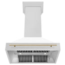 ZLINE Autograph Edition 36 in. Satin Stainless Steel Wall Mount Range Hood with White Matte Shell and Polished Gold Handle (8654SNZ-WM36-G) front, under.