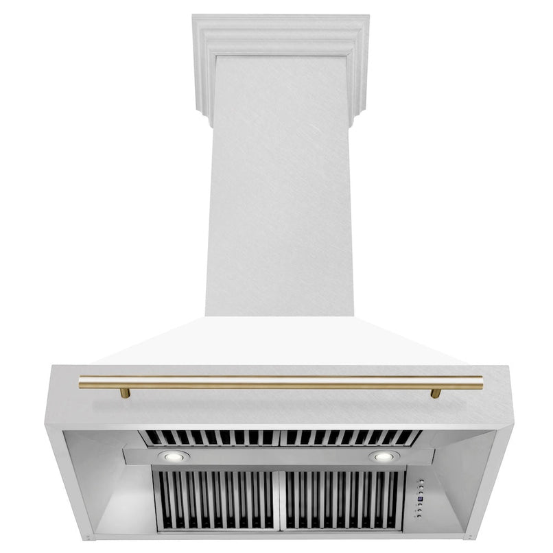 ZLINE Autograph Edition 36 in. Satin Stainless Steel Wall Mount Range Hood with White Matte Shell and Polished Gold Handle (8654SNZ-WM36-G) front, under.