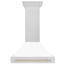 ZLINE Autograph Edition 36 in. Satin Stainless Steel Wall Mount Range Hood with White Matte Shell and Polished Gold Handle (8654SNZ-WM36-G) front.
