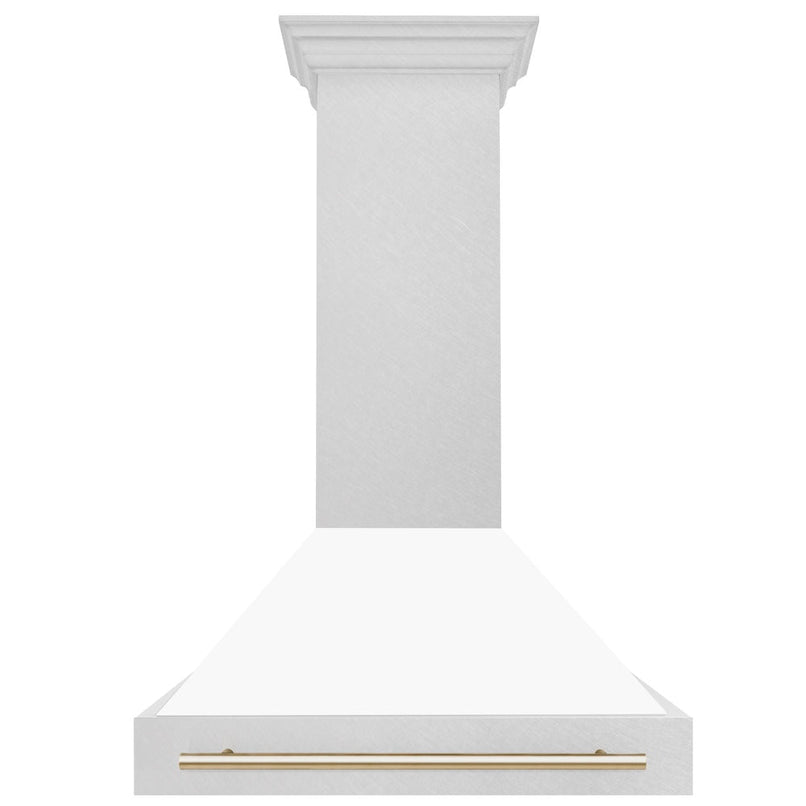 ZLINE Autograph Edition 36 in. Satin Stainless Steel Wall Mount Range Hood with White Matte Shell and Polished Gold Handle (8654SNZ-WM36-G) front.