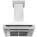 ZLINE Autograph Edition 36 in. Satin Stainless Steel Wall Mount Range Hood with White Matte Shell and Matte Black Handle (8654SNZ-WM36-MB) front, under.