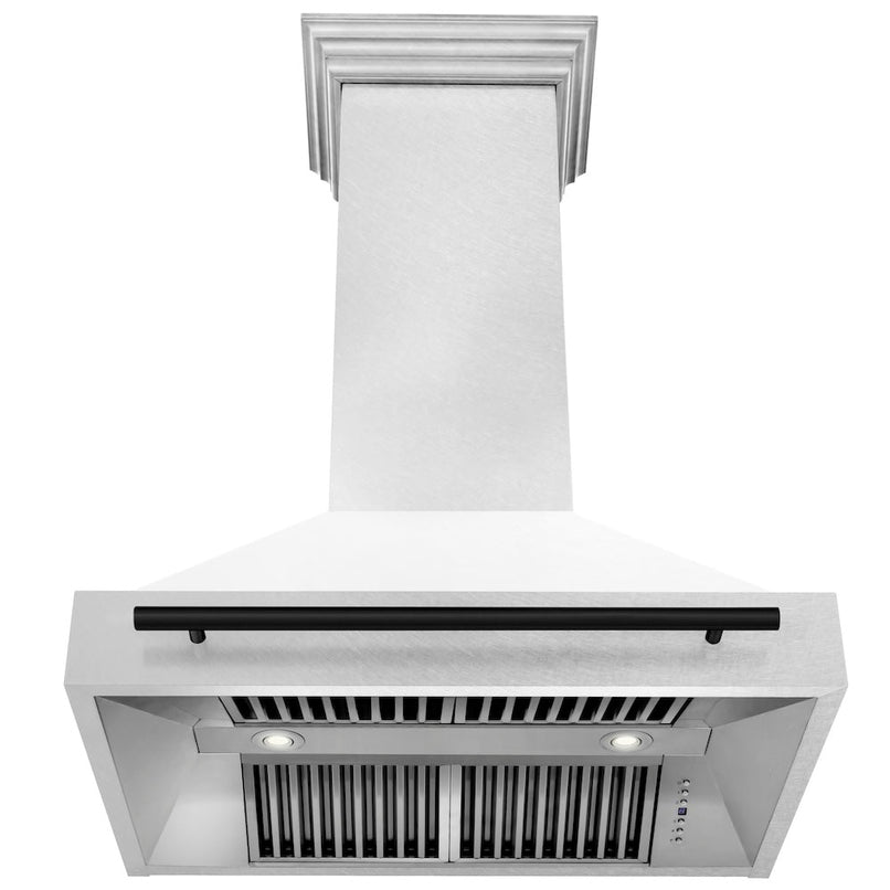 ZLINE Autograph Edition 36 in. Satin Stainless Steel Wall Mount Range Hood with White Matte Shell and Matte Black Handle (8654SNZ-WM36-MB) front, under.