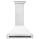 ZLINE Autograph Edition 36 in. Satin Stainless Steel Wall Mount Range Hood with White Matte Shell and Matte Black Handle (8654SNZ-WM36-MB) front.