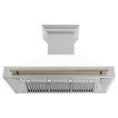 ZLINE Autograph Edition 48 in. Satin Stainless Steel Wall Mount Range Hood with White Matte Shell and Champagne Bronze Handle (8654SNZ-WM48-CB) front, under.