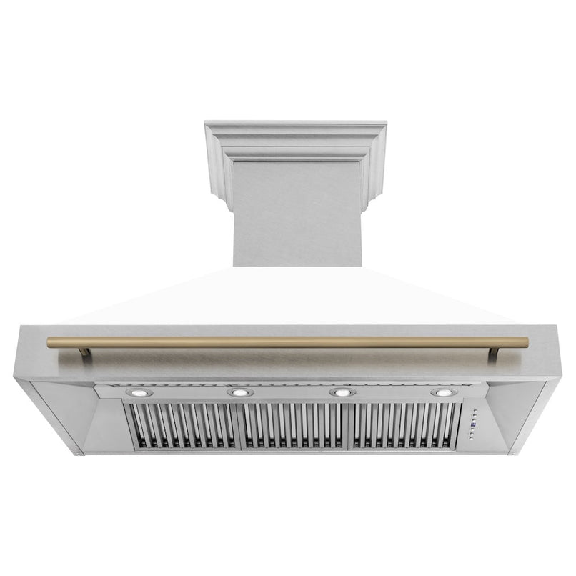 ZLINE Autograph Edition 48 in. Satin Stainless Steel Wall Mount Range Hood with White Matte Shell and Champagne Bronze Handle (8654SNZ-WM48-CB) front, under.