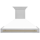 ZLINE Autograph Edition 48 in. Satin Stainless Steel Wall Mount Range Hood with White Matte Shell and Champagne Bronze Handle (8654SNZ-WM48-CB) front.