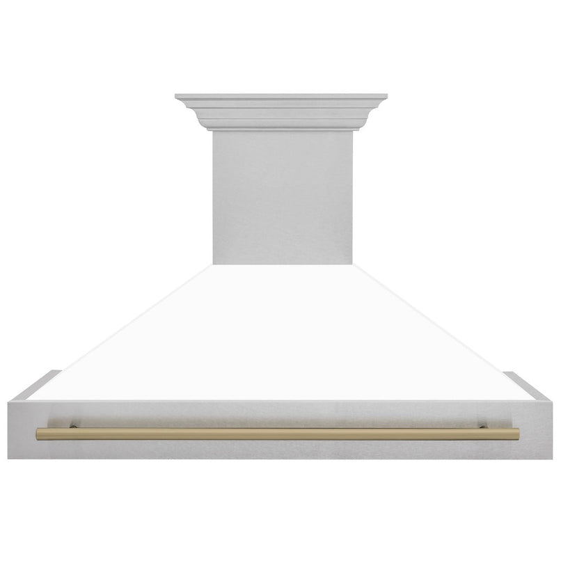 ZLINE Autograph Edition 48 in. Satin Stainless Steel Wall Mount Range Hood with White Matte Shell and Champagne Bronze Handle (8654SNZ-WM48-CB) front.