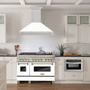 ZLINE Autograph Edition 48 in. Satin Stainless Steel Wall Mount Range Hood with White Matte Shell and Champagne Bronze Handle (8654SNZ-WM48-CB) in a luxury kitchen.