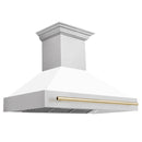 ZLINE Autograph Edition 48 in. Satin Stainless Steel Wall Mount Range Hood with White Matte Shell and Polished Gold Handle (8654SNZ-WM48-G)