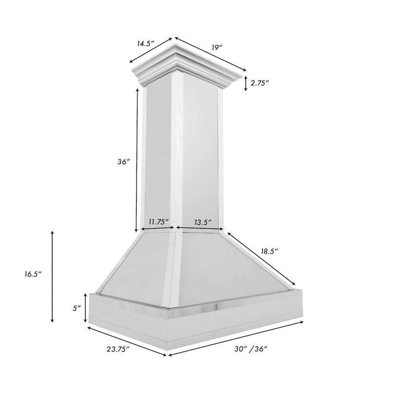 ZLINE 36 in. Designer Series Ducted Wall Mount Range Hood in Satin Stainless Steel with Mirror Accents (655MR-36) dimensional diagram.