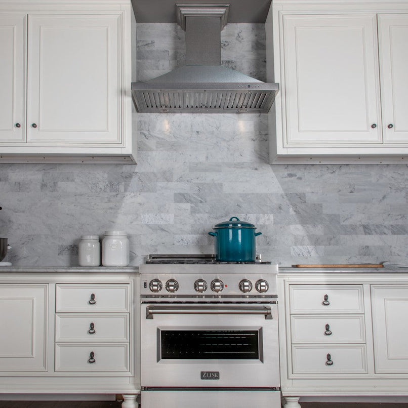 ZLINE 48 in. Designer Series Satin Stainless Steel Convertible Vent Wall Mount Range Hood (8KBS-48) in a luxury kitchen.