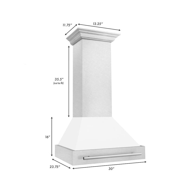 ZLINE 30 in. Satin Stainless Steel Wall Mount Range Hood with White Matte Shell and Stainless Steel Handle (8654SNX-WM-30) dimensional diagram.