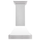 ZLINE 30 in. Satin Stainless Steel Wall Mount Range Hood with White Matte Shell and Stainless Steel Handle (8654SNX-WM-30) front.
