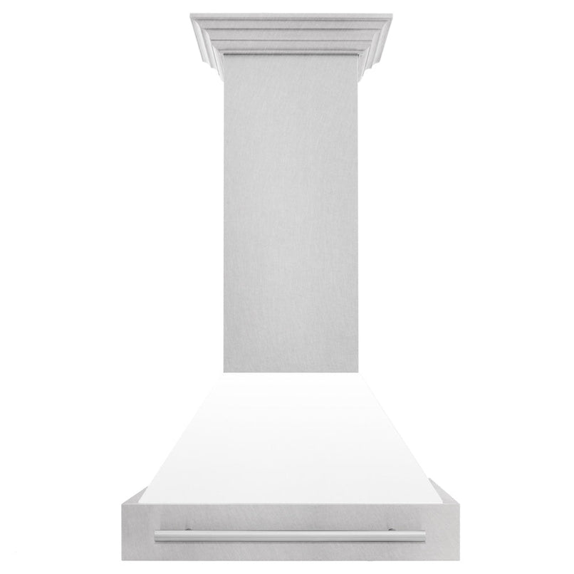 ZLINE 30 in. Satin Stainless Steel Wall Mount Range Hood with White Matte Shell and Stainless Steel Handle (8654SNX-WM-30) front.