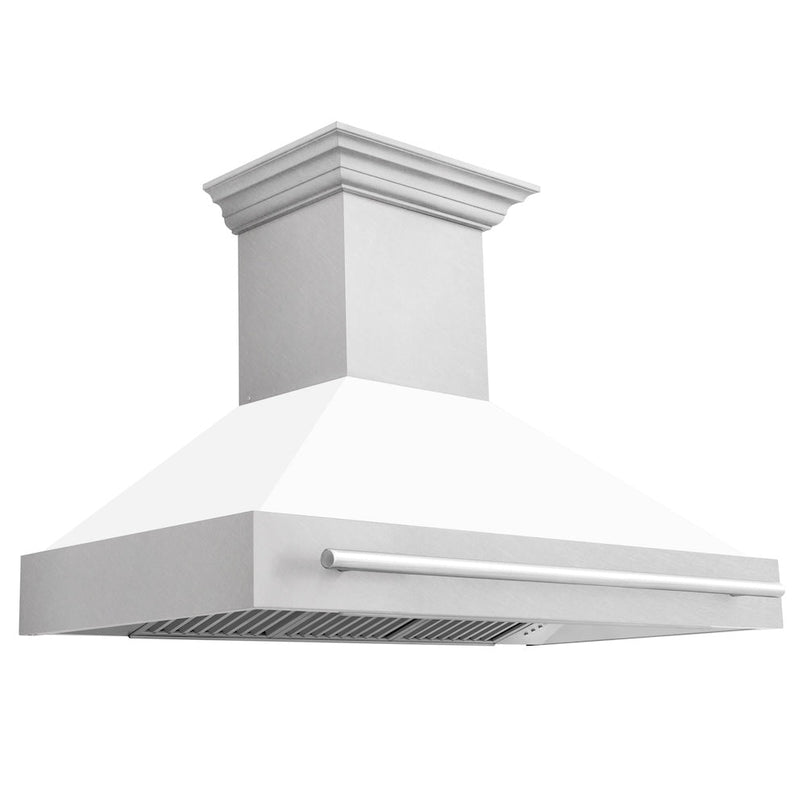 ZLINE 48 in. Satin Stainless Steel Wall Mount Range Hood with White Matte Shell and Stainless Steel Handle (8654SNX-WM-48)