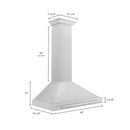 ZLINE 36 in. Convertible Satin Stainless Steel Wall Mount Range Hood with Stainless Steel Handle (KB4SNX-36) dimensional diagram.