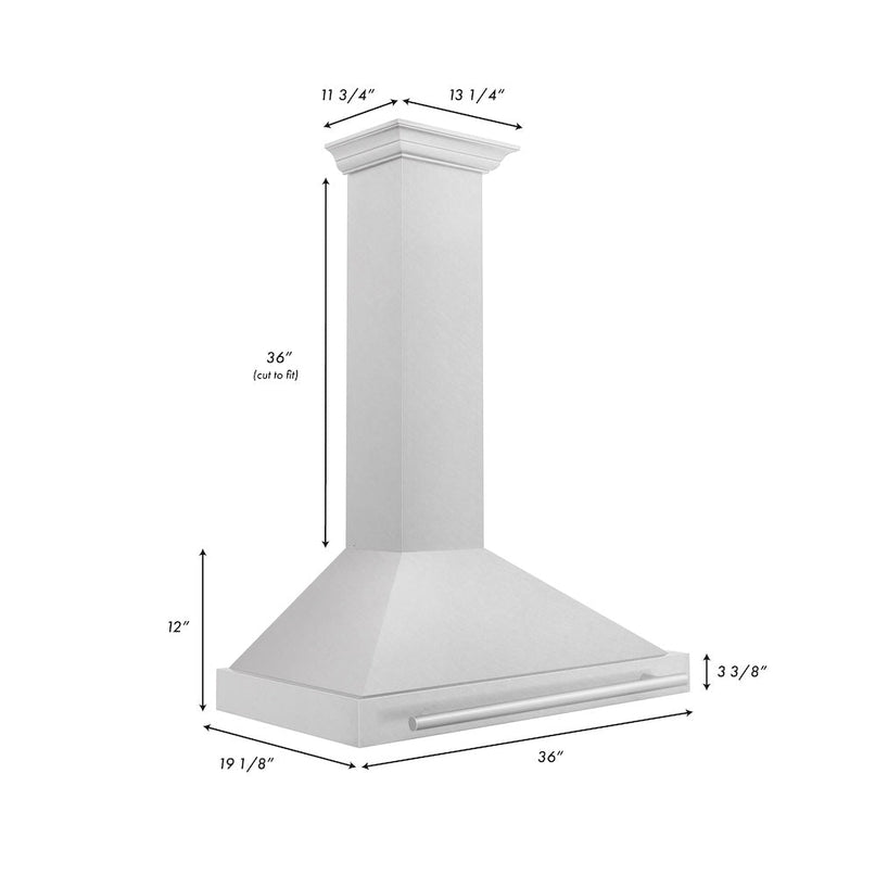 ZLINE 36 in. Convertible Satin Stainless Steel Wall Mount Range Hood with Stainless Steel Handle (KB4SNX-36) dimensional diagram.