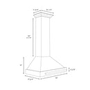 ZLINE 30 in. Convertible Satin Stainless Steel Wall Mount Range Hood with Copper Shell and Stainless Steel Handle (KB4SNX-C-30) dimensional diagram.