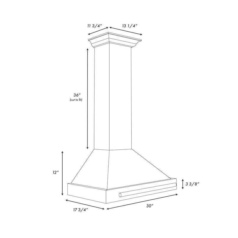 ZLINE 30 in. Convertible Satin Stainless Steel Wall Mount Range Hood with Copper Shell and Stainless Steel Handle (KB4SNX-C-30) dimensional diagram.