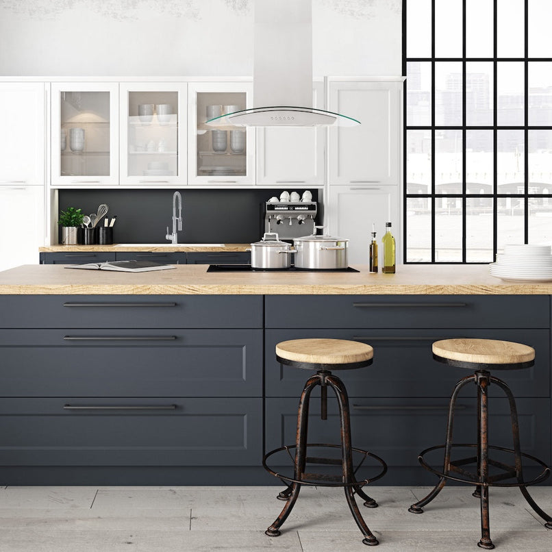 ZLINE 30 in. Alpine Series Convertible Island Mount Range Hood in Stainless Steel and Glass (ALP70IS-30) in a luxury kitchen.