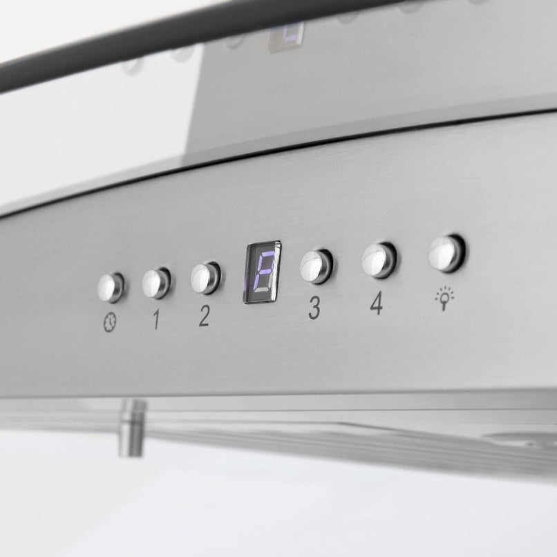 ZLINE 36 in. Convertible Vent Island Mount Range Hood in Stainless Steel and Glass (GL5i-36) buttons.