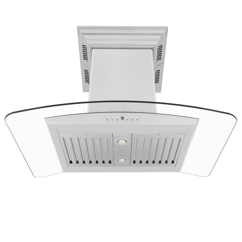 ZLINE 30 in. CrownSound™ Ducted Vent Island Mount Range Hood in Stainless Steel and Glass with Built-in Bluetooth Speakers (GL5iCRN-BT-30) front, under.