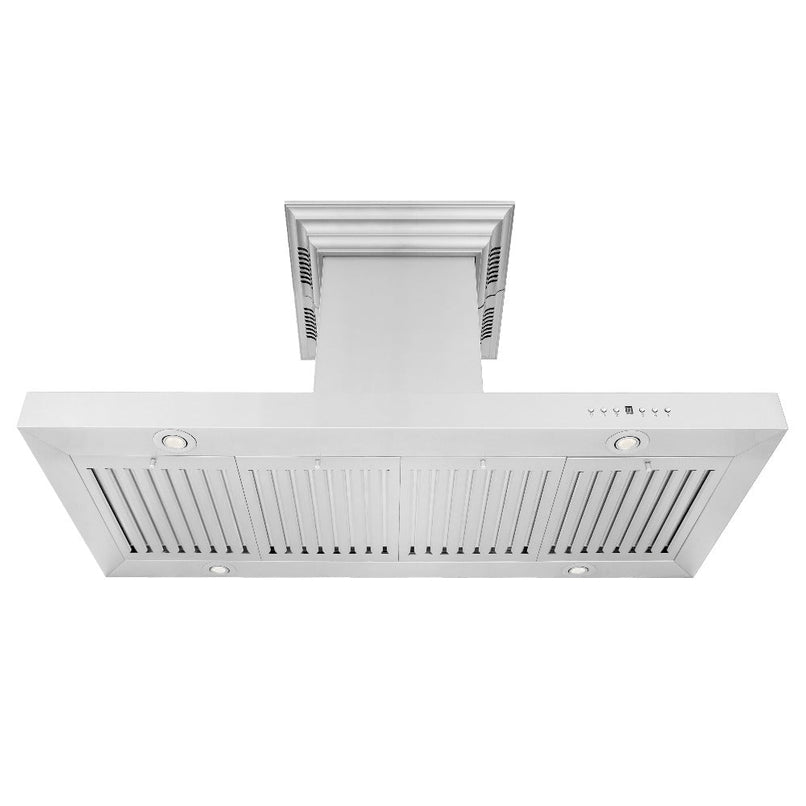ZLINE 42 in. CrownSound™ Ducted Vent Island Mount Range Hood in Stainless Steel with Built-in Bluetooth Speakers (KE2iCRN-BT-42) front, under.