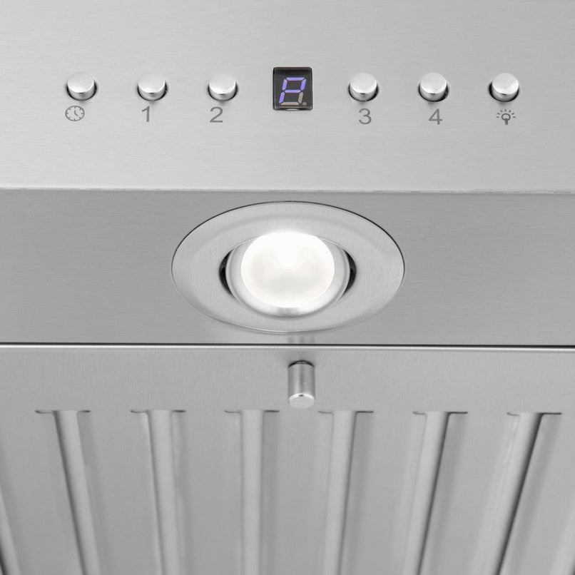 ZLINE 30 in. CrownSound™ Ducted Vent Island Mount Range Hood in Stainless Steel with Built-in Bluetooth Speakers (KE2iCRN-BT-30) built-in lighting.