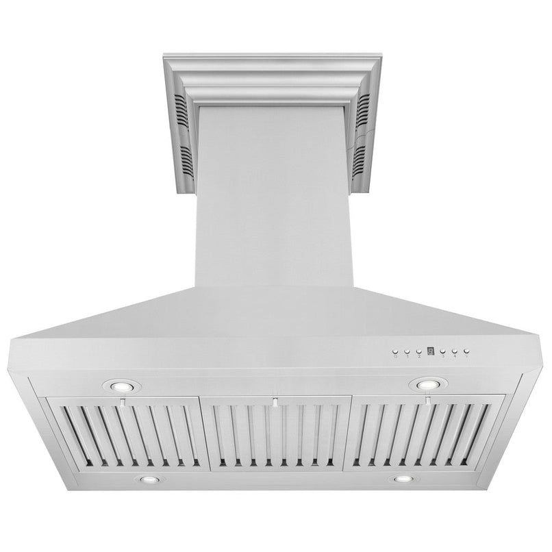 ZLINE 36 in. CrownSound™ Ducted Vent Island Mount Range Hood in Stainless Steel with Built-in Bluetooth Speakers (KL3iCRN-BT-36) front, under.