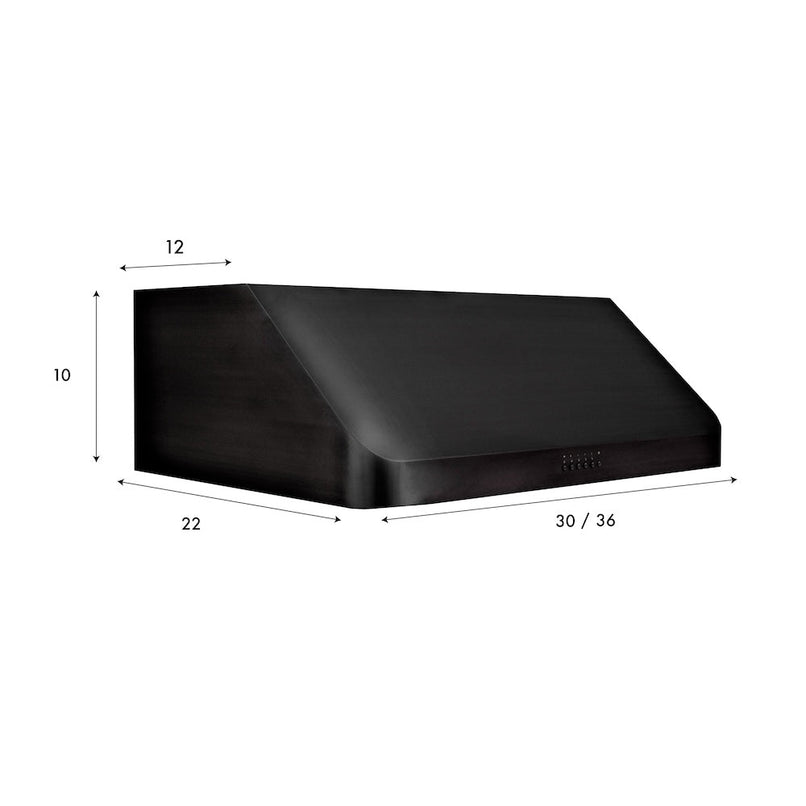 ZLINE 36 in. 600 CFM Ducted Under Cabinet Range Hood in Black Stainless Steel (BS623-36) dimensional diagram.