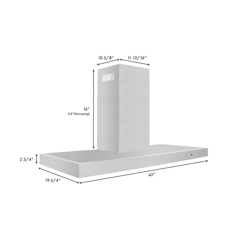 ZLINE 42 in. Convertible Vent Wall Mount Range Hood in Stainless Steel (KE-42) dimensional diagram.