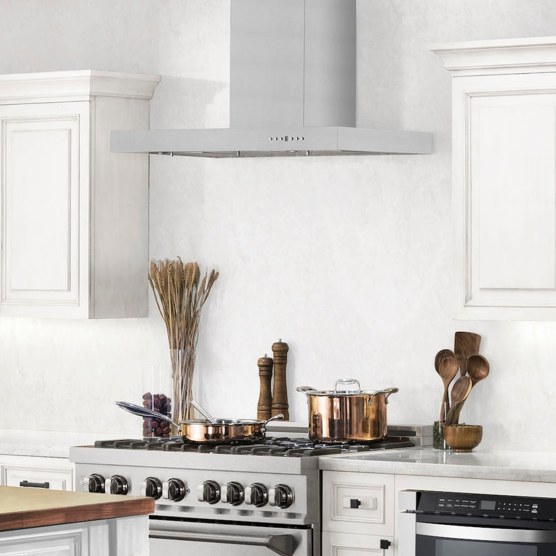 ZLINE 42 in. Convertible Vent Wall Mount Range Hood in Stainless Steel (KE-42) in a luxury kitchen.