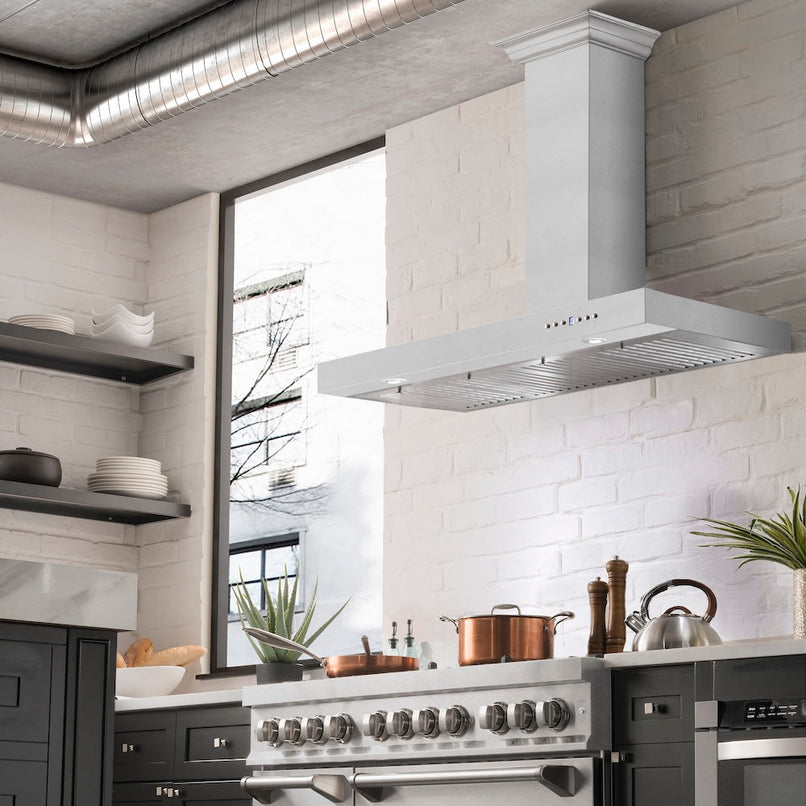 ZLINE 42 in. Convertible Vent Wall Mount Range Hood in Stainless Steel (KE-42) in a luxury kitchen.