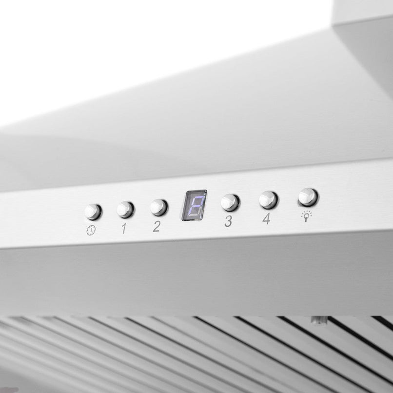 ZLINE 30 in. CrownSound™ Ducted Vent Wall Mount Range Hood in Stainless Steel with Built-in Bluetooth Speakers (KF1CRN-BT-30) buttons.