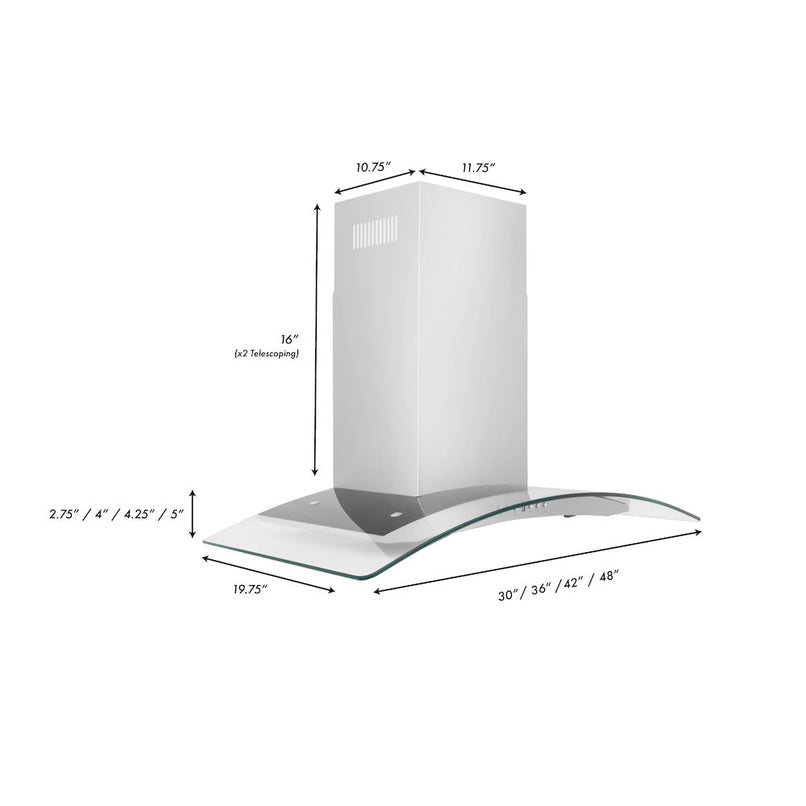 ZLINE 48 in. Convertible Vent Convertible Vent Wall Mount Range Hood in Stainless Steel and Glass (KN4-48) dimensional diagram.