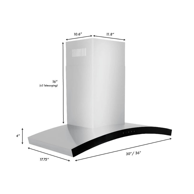 ZLINE 30 in. Convertible Vent Wall Mount Range Hood in Stainless Steel (KN6-30) dimensional diagram.