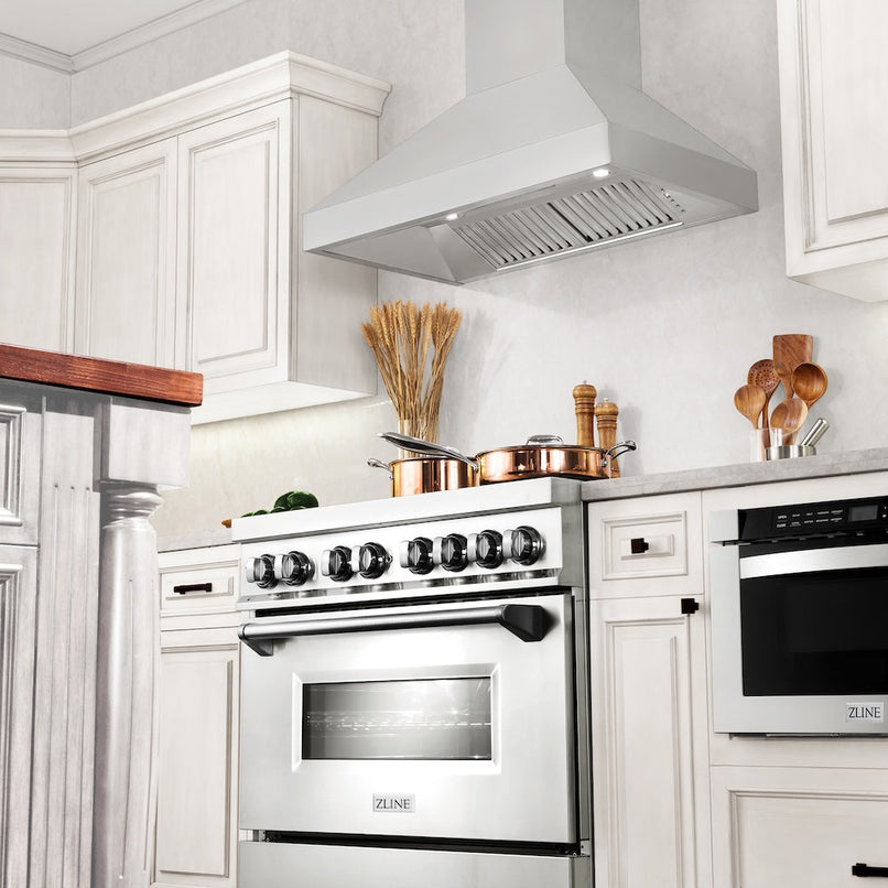 ZLINE 30 in. Professional Convertible Vent Wall Mount Range Hood in Stainless Steel (597-30) in a luxury kitchen.