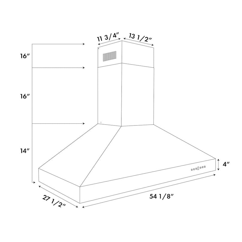 ZLINE 54 in. Ducted Wall Mount Range Hood in Outdoor Approved Stainless Steel (697-304-54) dimensional diagram.