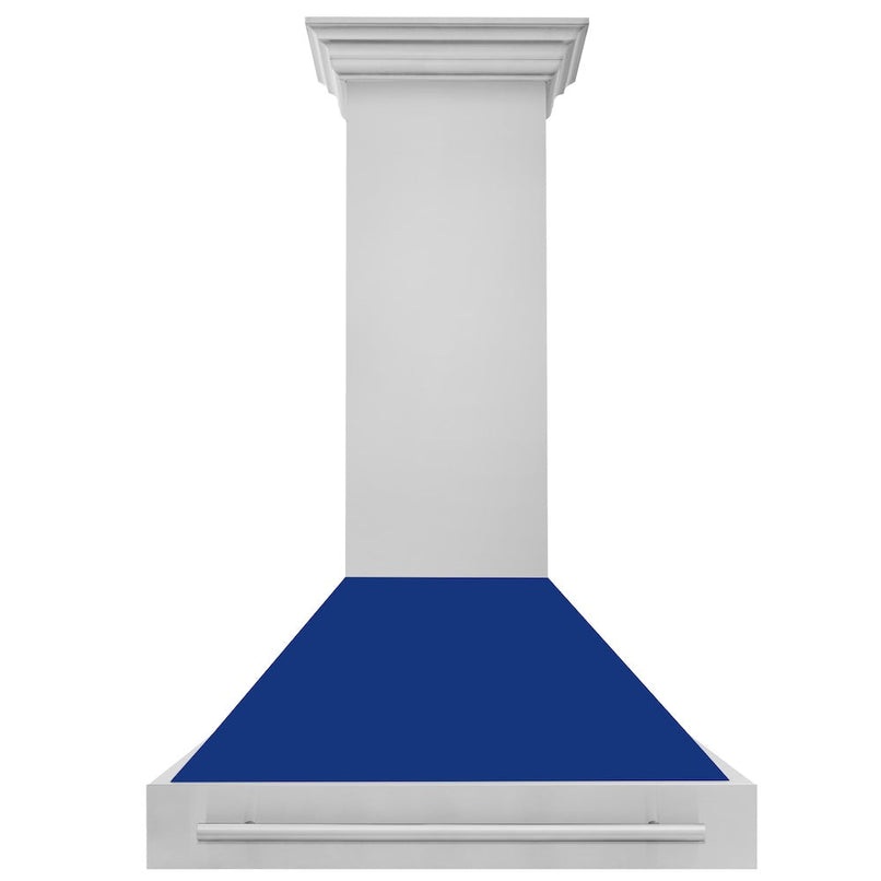 ZLINE 36 in. Stainless Steel Range Hood with Blue Gloss Shell and Stainless Steel Handle (8654STX-BG-36) front.