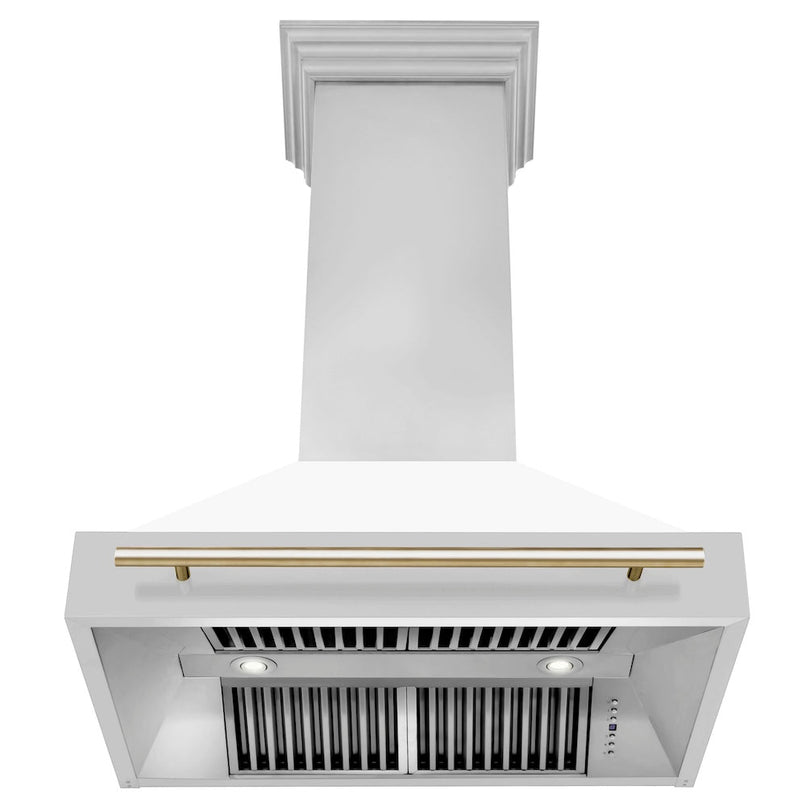ZLINE Autograph Edition 36 in. Stainless Steel Range Hood with White Matte Shell and Polished Gold Handle (8654STZ-WM36-G) front, under.