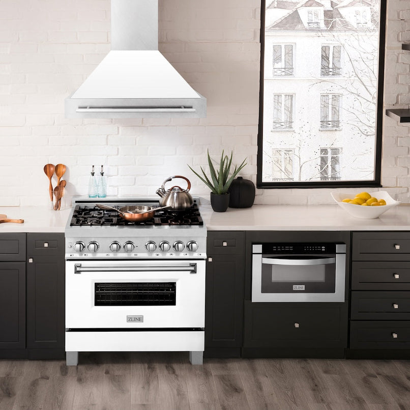 ZLINE 36 in. Satin Stainless Steel Wall Mount Range Hood with White Matte Shell and Stainless Steel Handle (8654SNX-WM-36) in a luxury kitchen.