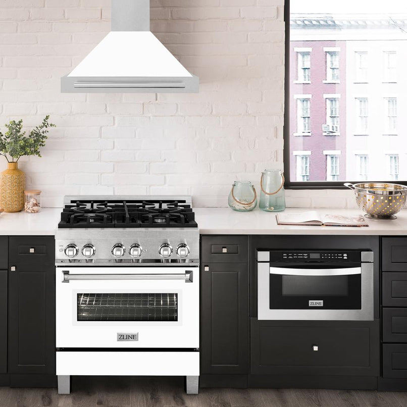 ZLINE 30 in. Convertible Satin Stainless Steel Wall Mount Range Hood with White Matte Shell and Stainless Steel Handle (KB4SNX-WM-30) in a luxury kitchen.