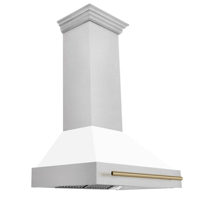 ZLINE Autograph Edition 36 in. Satin Stainless Steel Wall Mount Range Hood with White Matte Shell and Champagne Bronze Handle (8654SNZ-WM36-CB)
