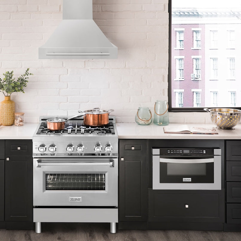 ZLINE 30 in. Stainless Steel Range Hood with Stainless Steel Handle (8654STX-30) in a luxury kitchen.